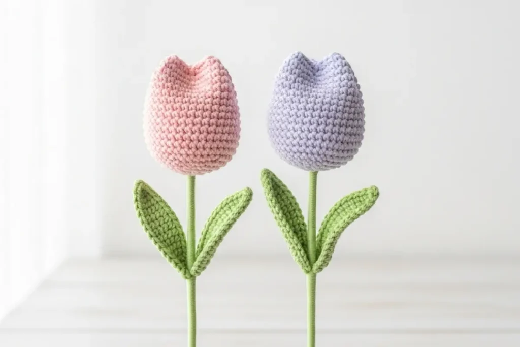 handmade amigurumi tulip crochet flower in green and pastel colors Focus Keyword: amigurumi tulip crochet pattern