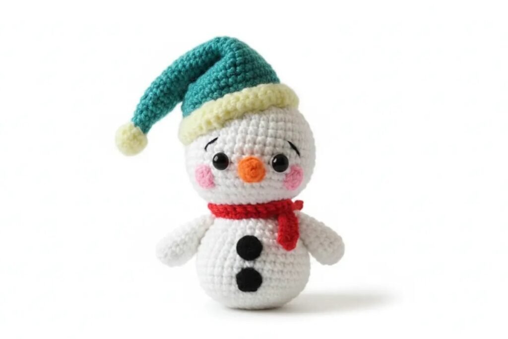 Cute Frosty the Snowman amigurumi with blue hat and red scarf