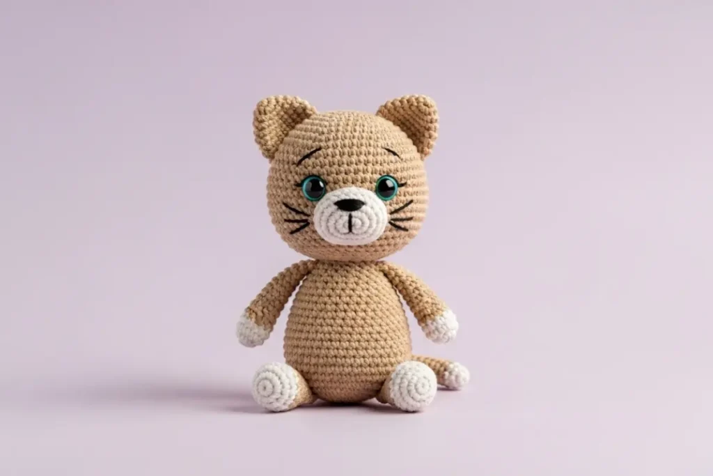 soft handmade sleeping kitty amigurumi curled up in white and gray yarn