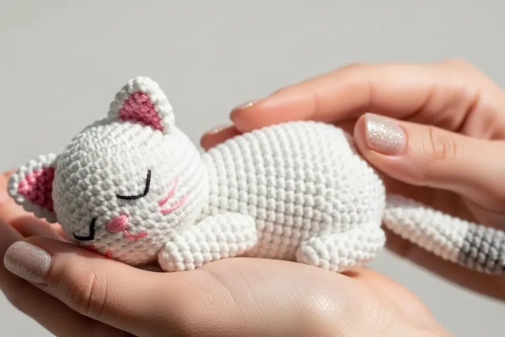 soft handmade sleeping kitty amigurumi curled up in white and gray yarn