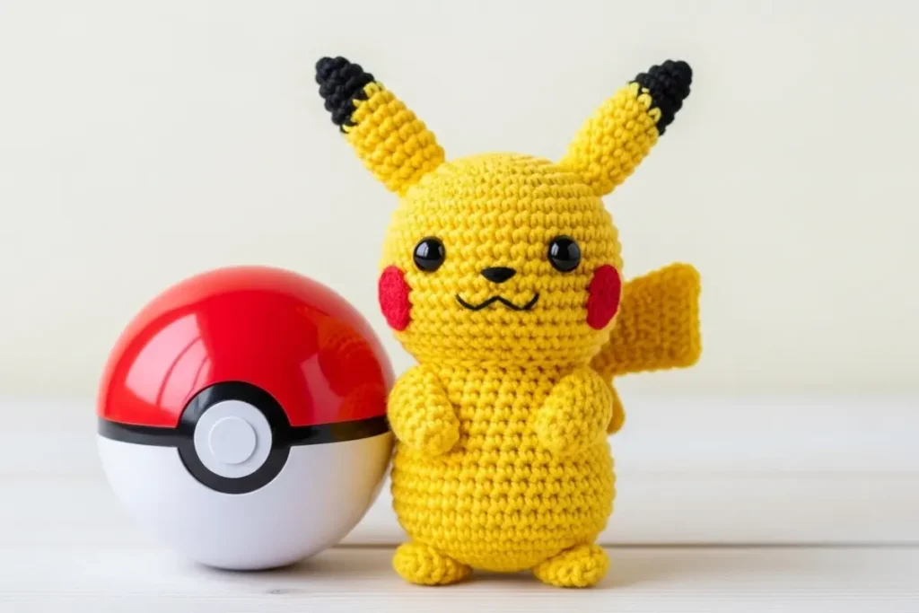 Handmade Pikachu amigurumi created using a free Pikachu crochet pattern