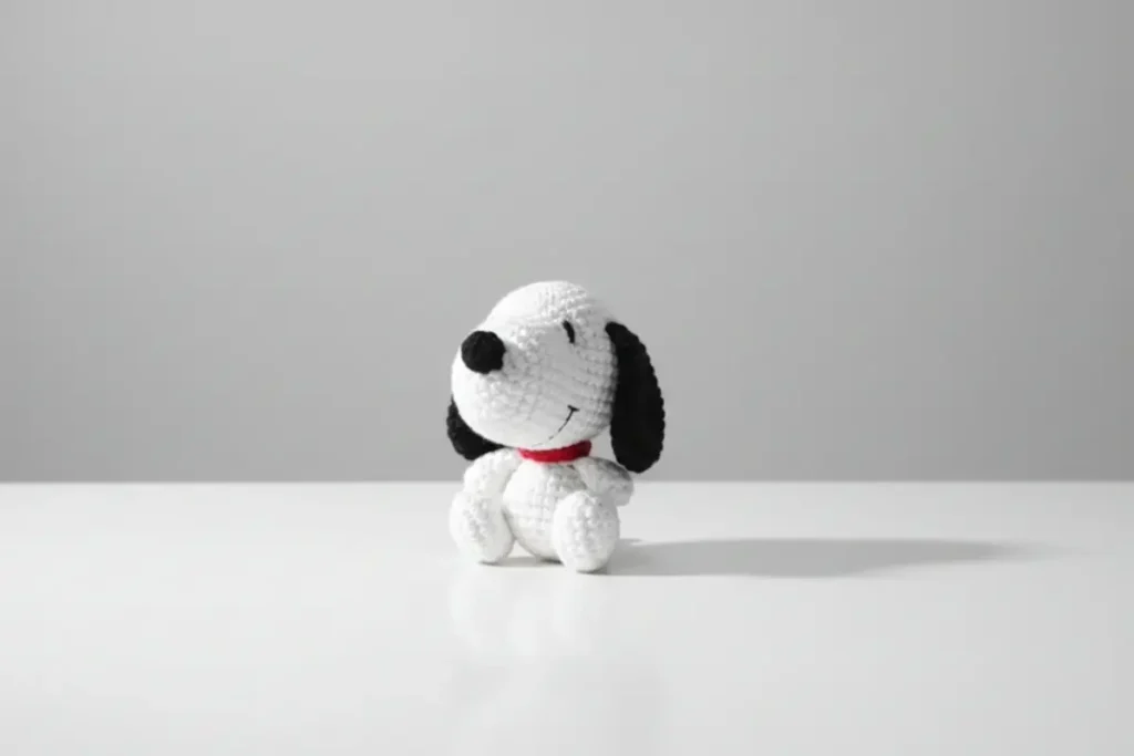 handmade snoopy amigurumi in white and black yarn sitting upright