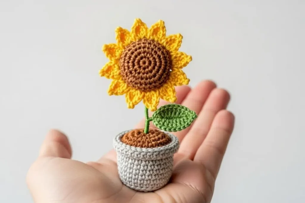 handmade sunflower pot amigurumi with crocheted petals and terracotta-style base