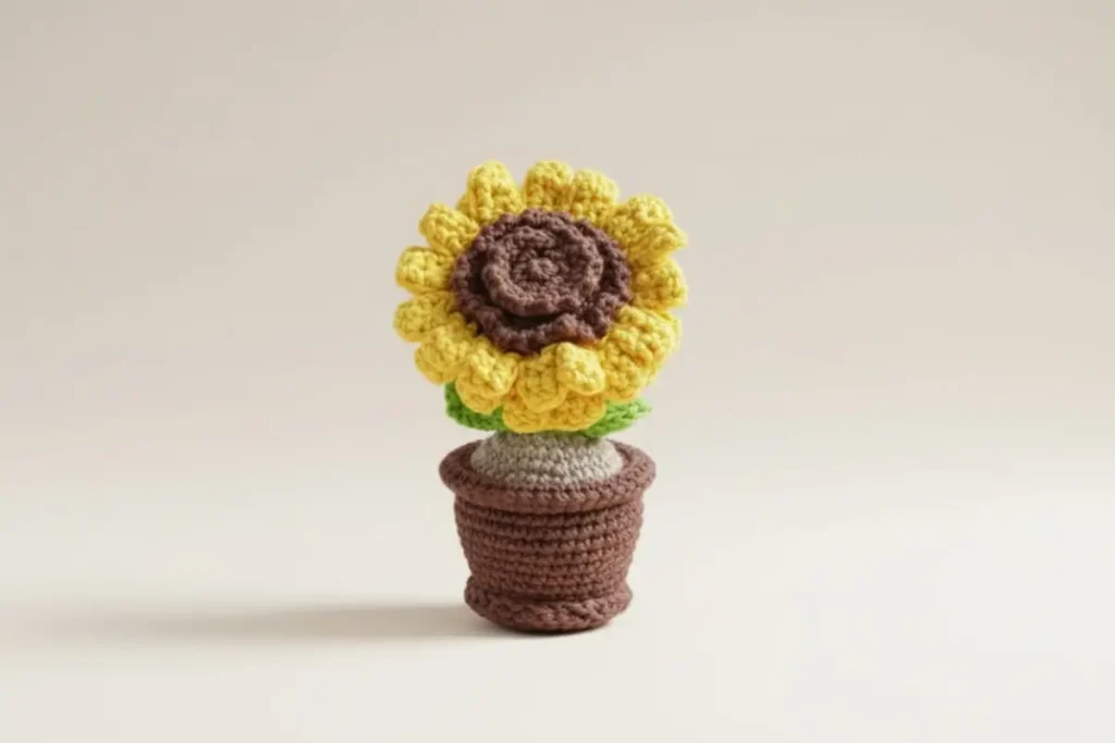 Handmade sunflower amigurumi crochet pattern in a small pot
