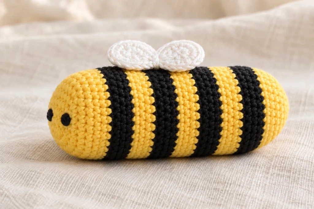 Bee amigurumi crochet pattern with four black stripes and two white wings