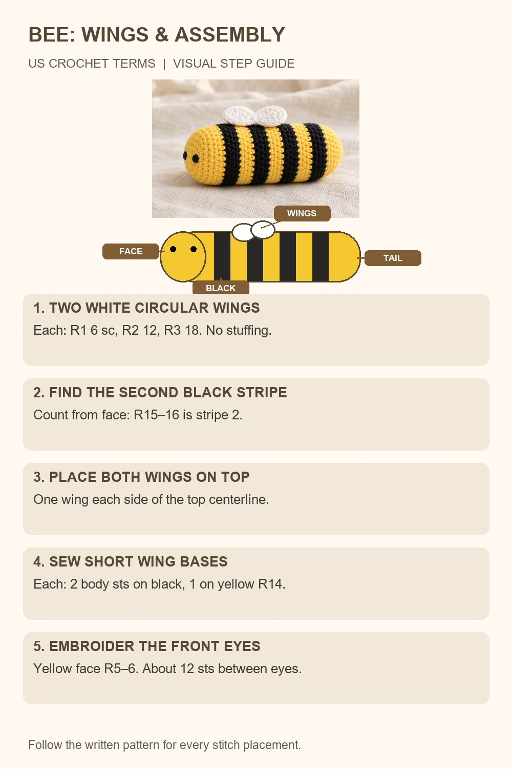 Bee amigurumi crochet pattern assembly and finishing diagram
