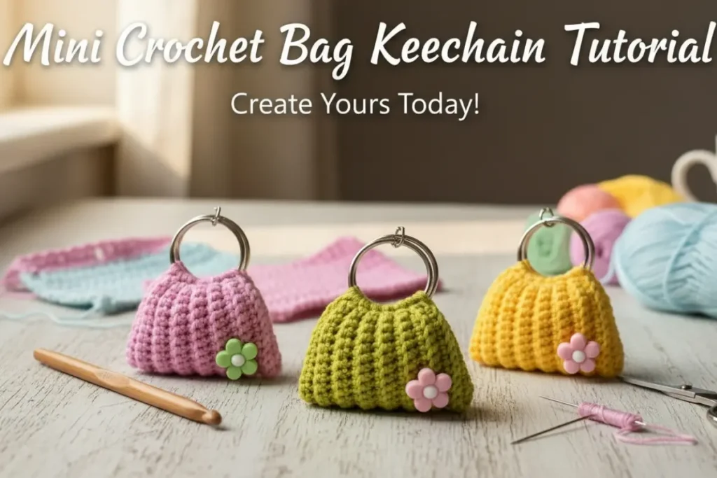Crochet Amigurumi Bag Keychain Pattern made with cotton yarn and metal keychain rings