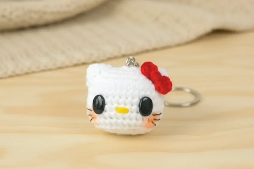 Hello Kitty Keychain Amigurumi Crochet Pattern – small 4 cm handmade crochet doll with red bow and embroidered details