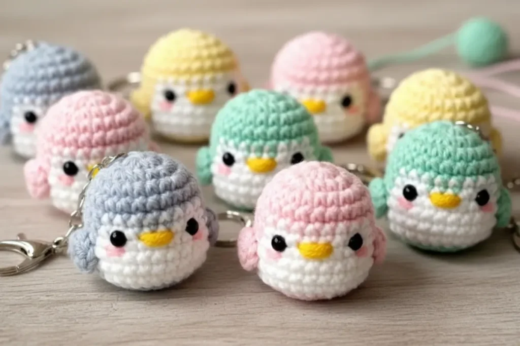 Mini Penguin Amigurumi Keychain Crochet Pattern made in cotton yarn with clean color changes