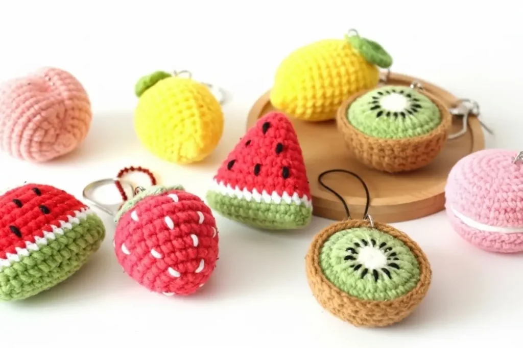 Summer Fruit Crochet Keychains amigurumi watermelon mango peach kiwi strawberry