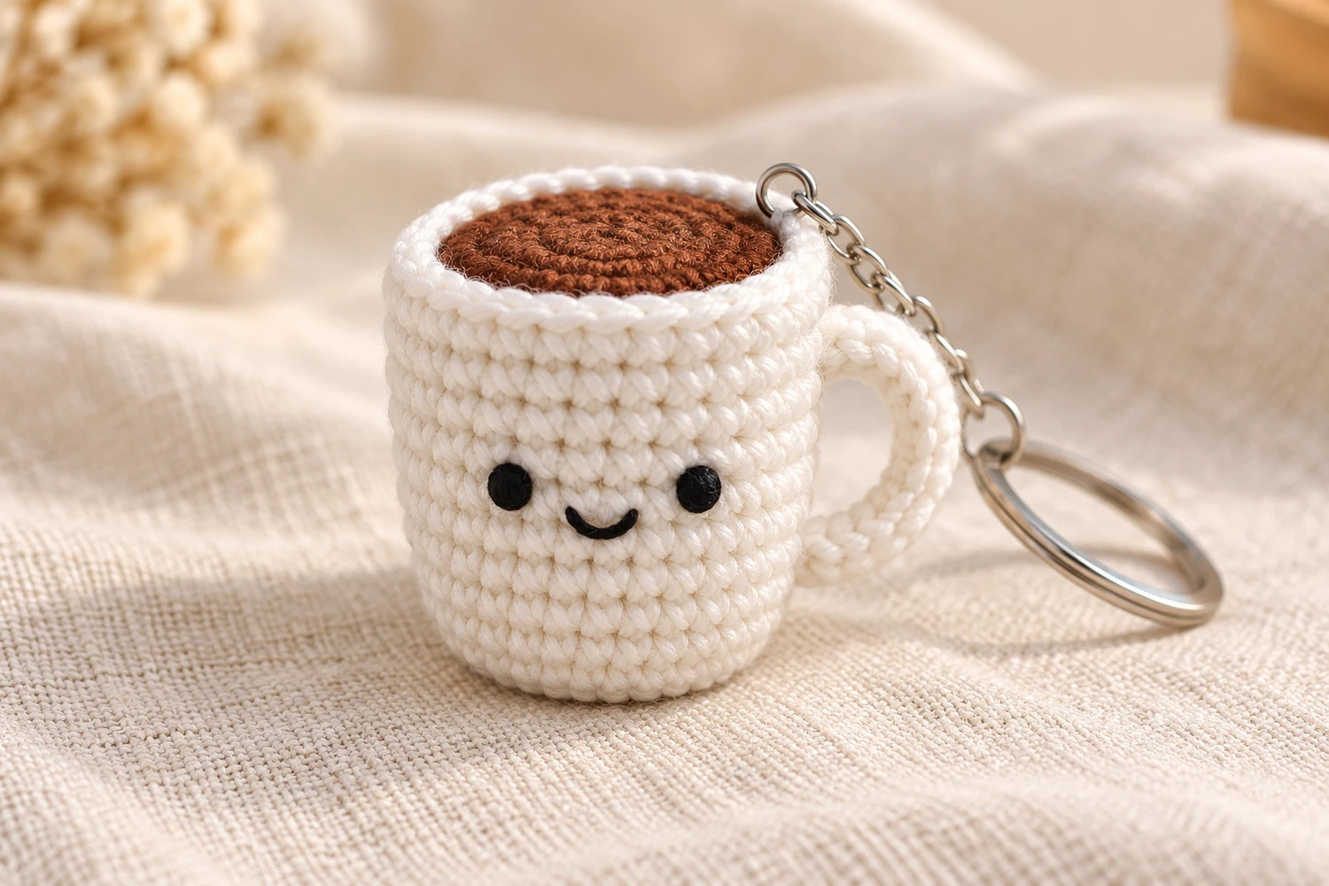 Coffee cup keychain amigurumi with white mug, brown coffee top and side handle