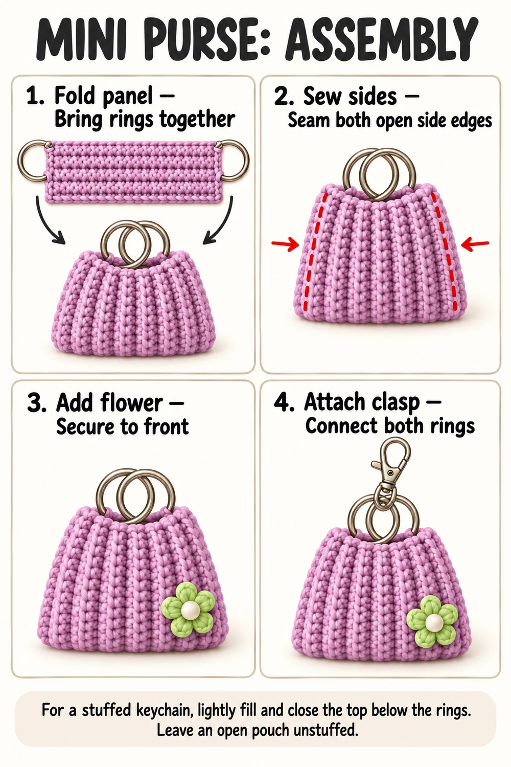 Crochet bag keychain assembly diagram showing folding, side seams, flower and clasp