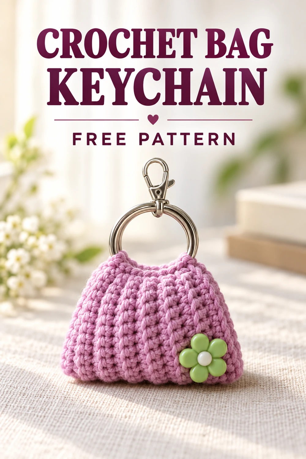 Crochet bag keychain pattern with a lilac ribbed mini purse and green flower