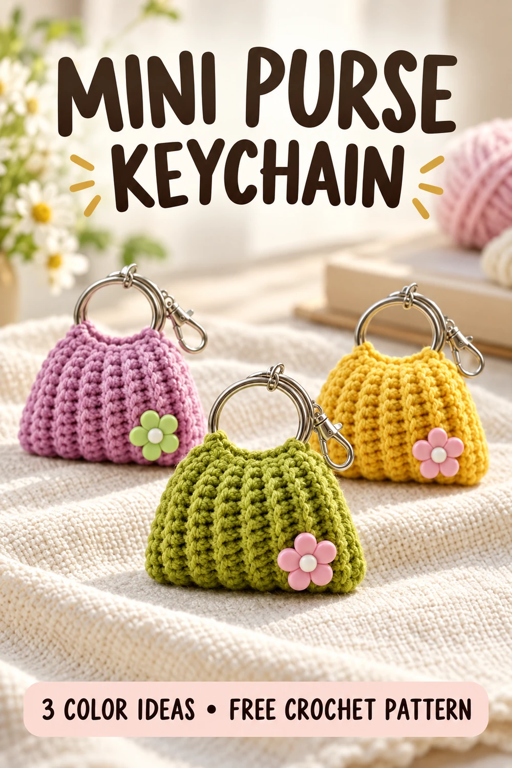 Crochet bag keychain pattern in lilac, olive green and yellow color ideas