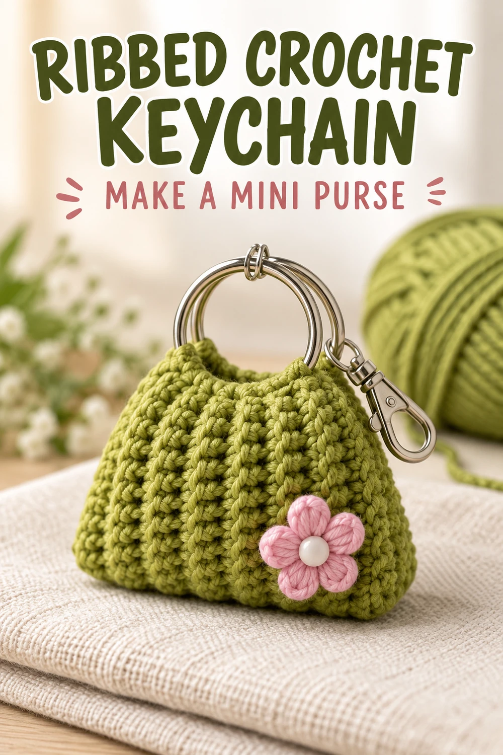 Olive green ribbed crochet mini purse keychain with a pink flower