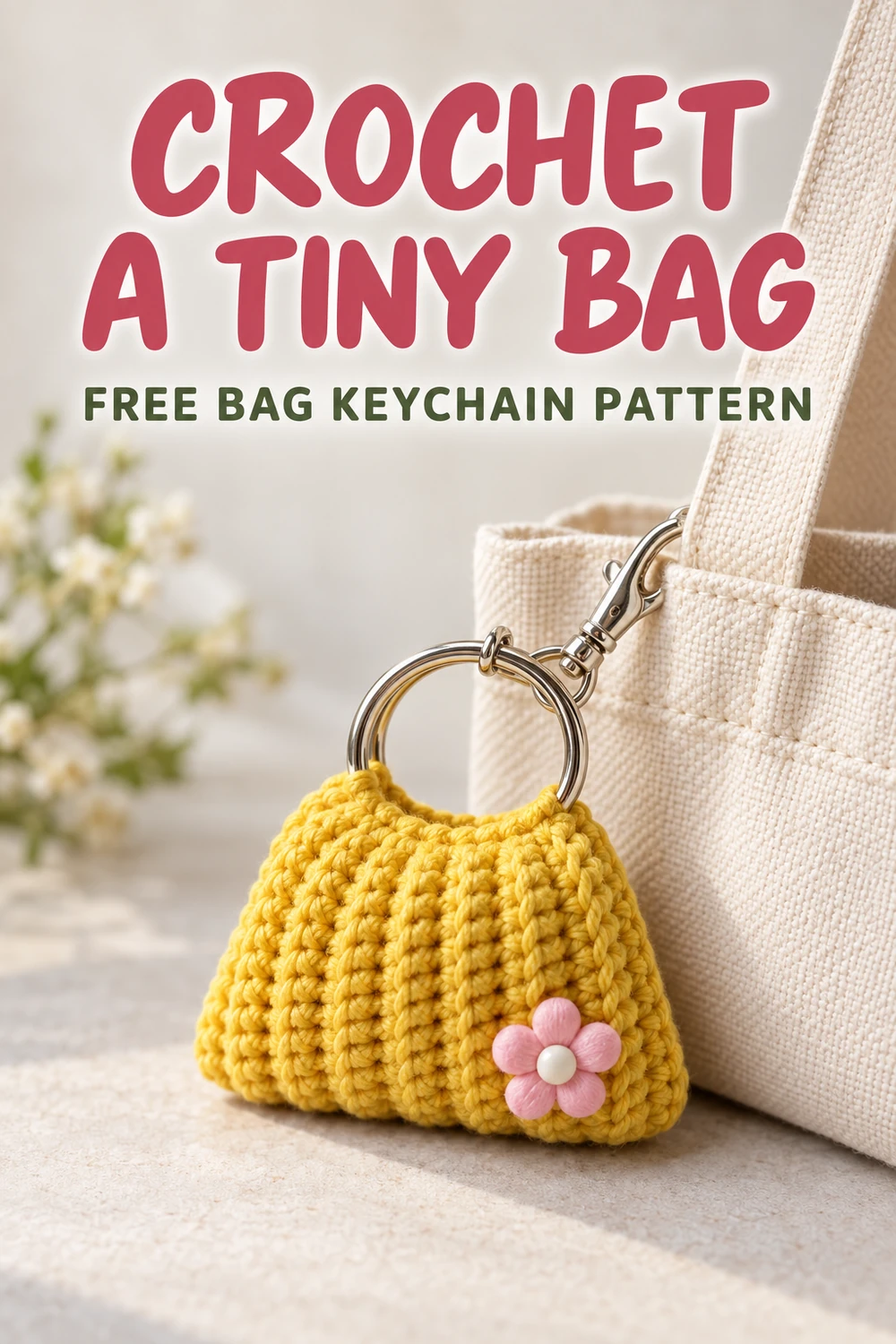 Yellow crochet bag keychain attached to a tote bag strap