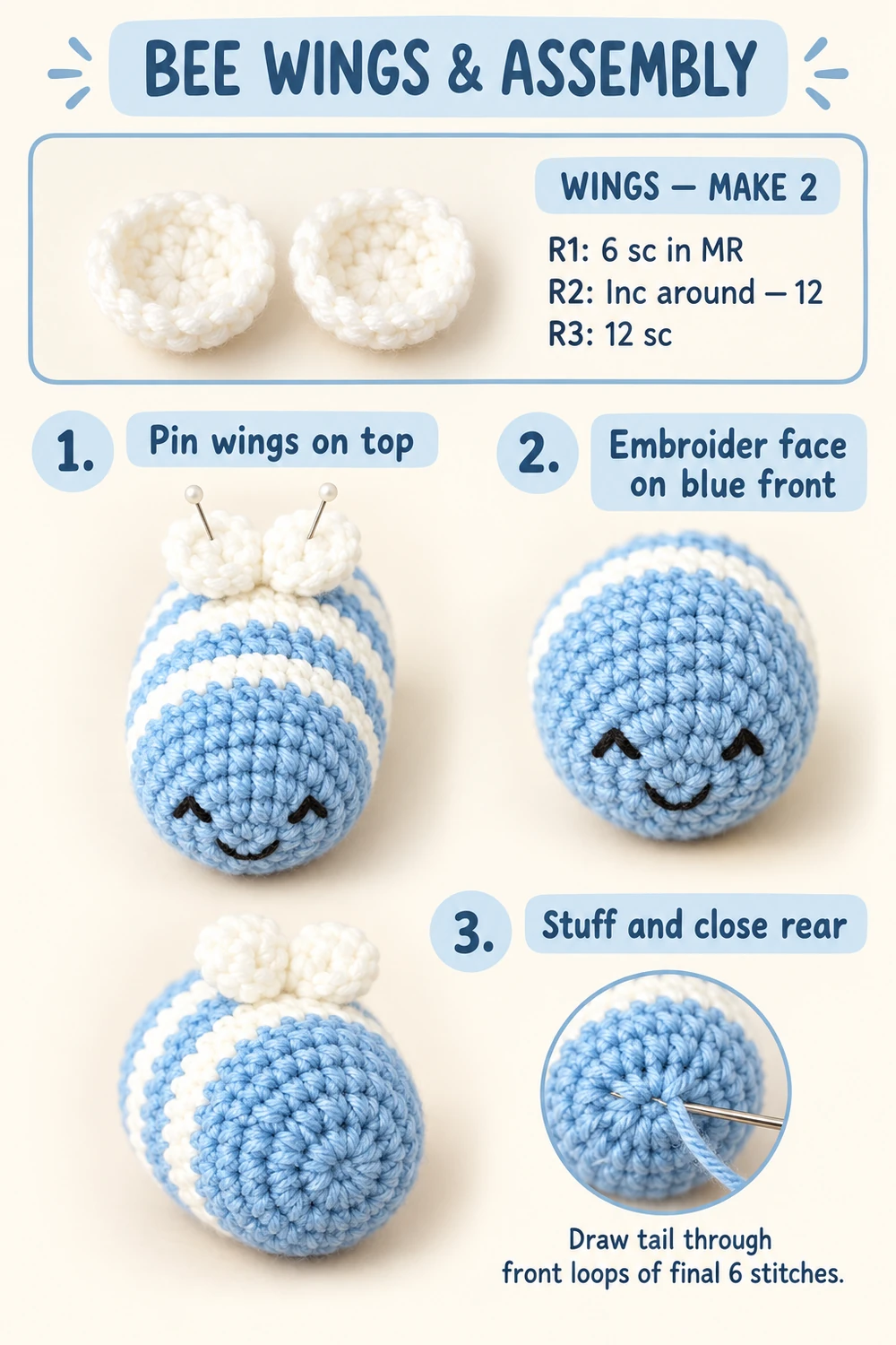Crochet bee wing and assembly diagram showing two wings, embroidered face and rear closure