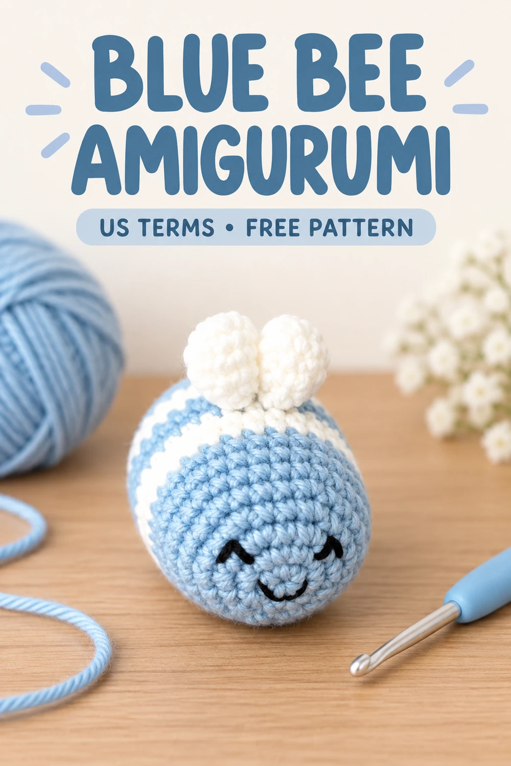 Blue bee amigurumi with crochet hook and yarn supplies