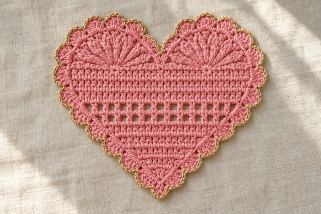 Heart coaster crochet pattern in pink cotton with lacy center and gold edging