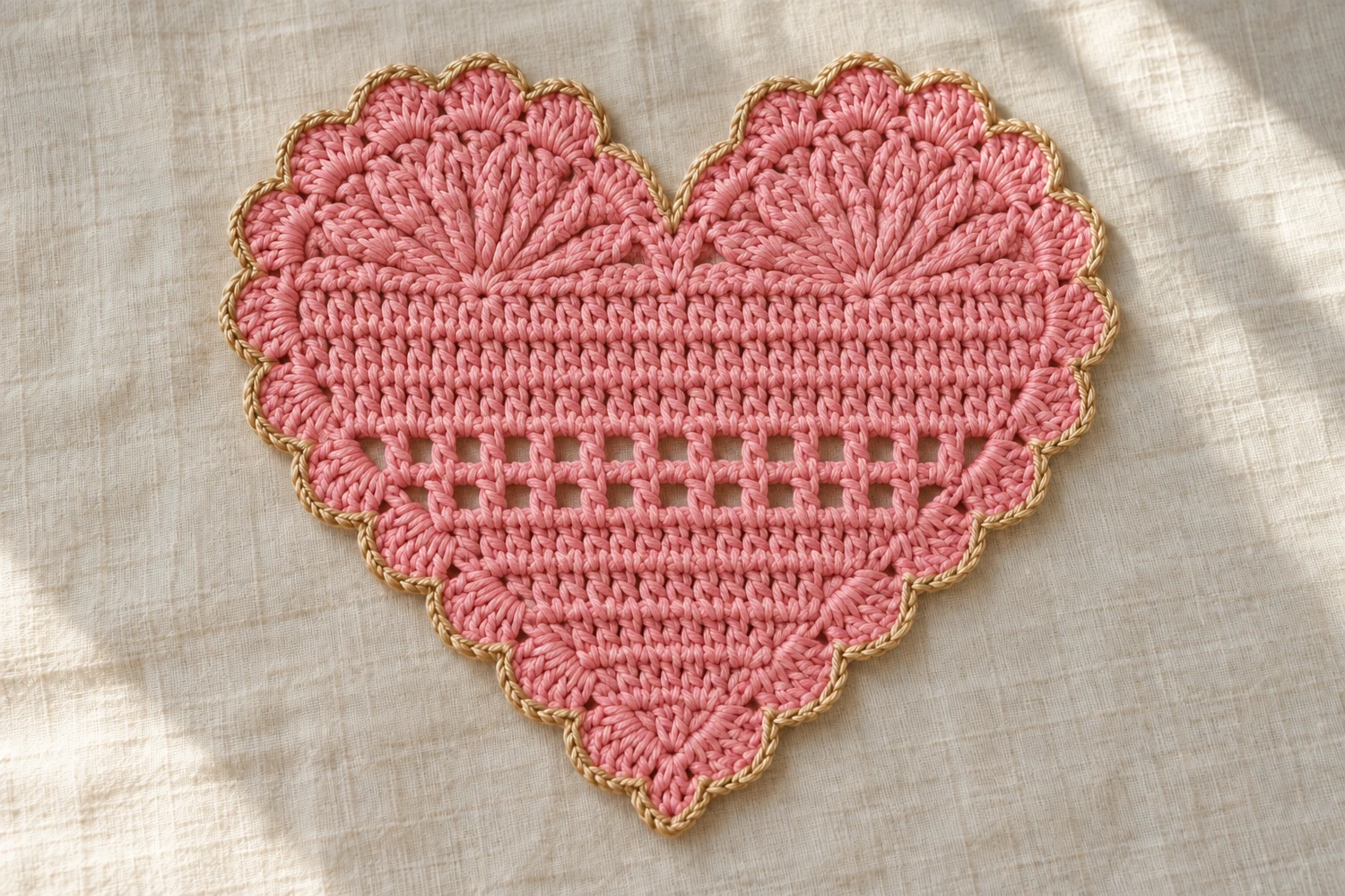 Heart coaster crochet pattern in pink cotton with lacy center and gold edging