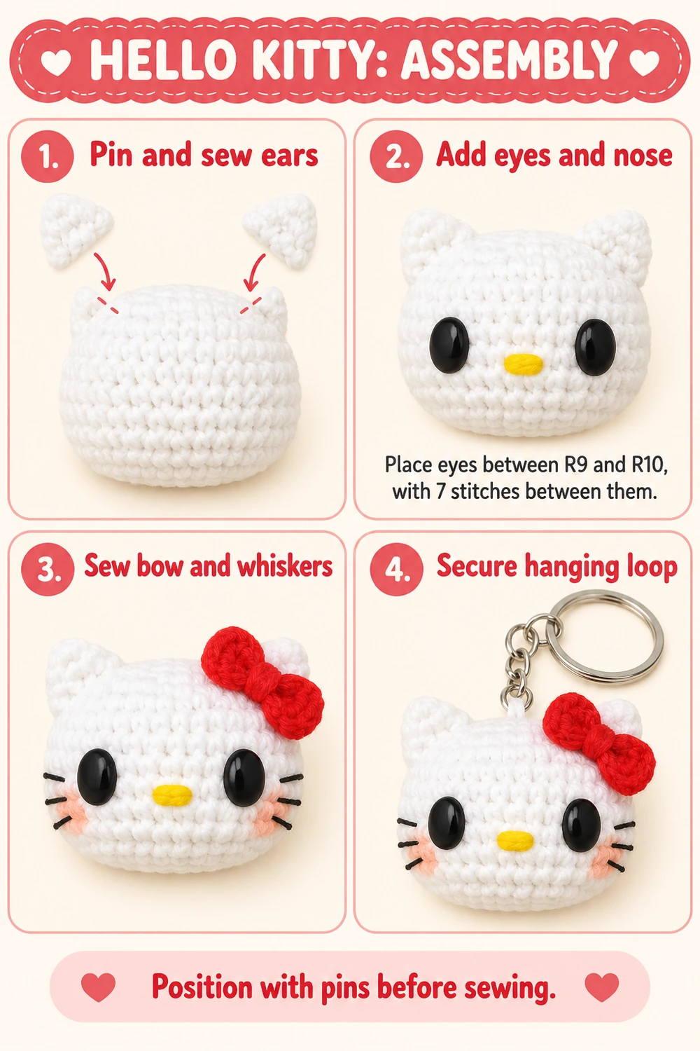 Hello Kitty keychain assembly diagram showing ears, face, red bow, whiskers and hanging loop