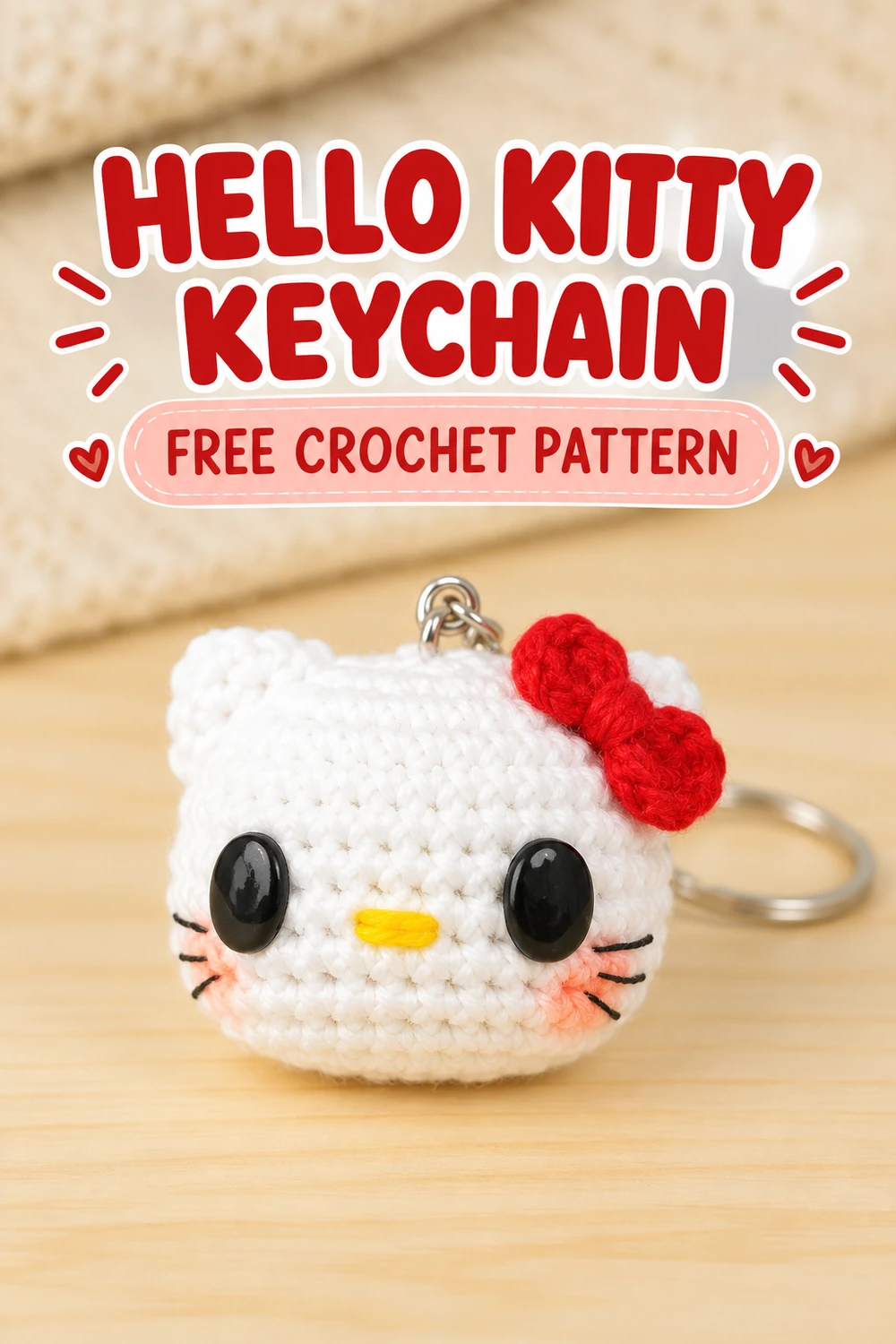 Hello Kitty keychain amigurumi pattern with a white crochet head and red bow