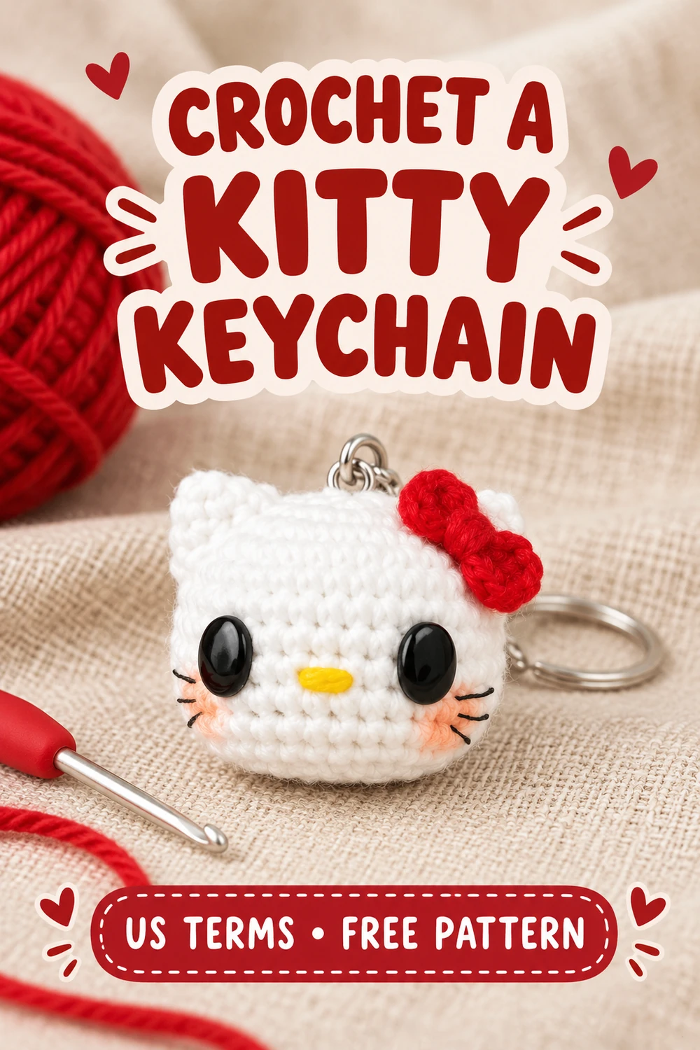 Hello Kitty crochet keychain beside red yarn and a crochet hook