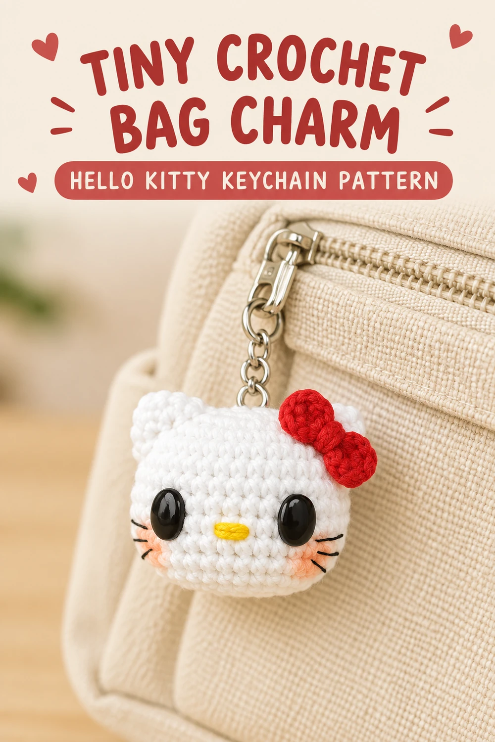 Hello Kitty head-only crochet bag charm attached to a backpack zipper