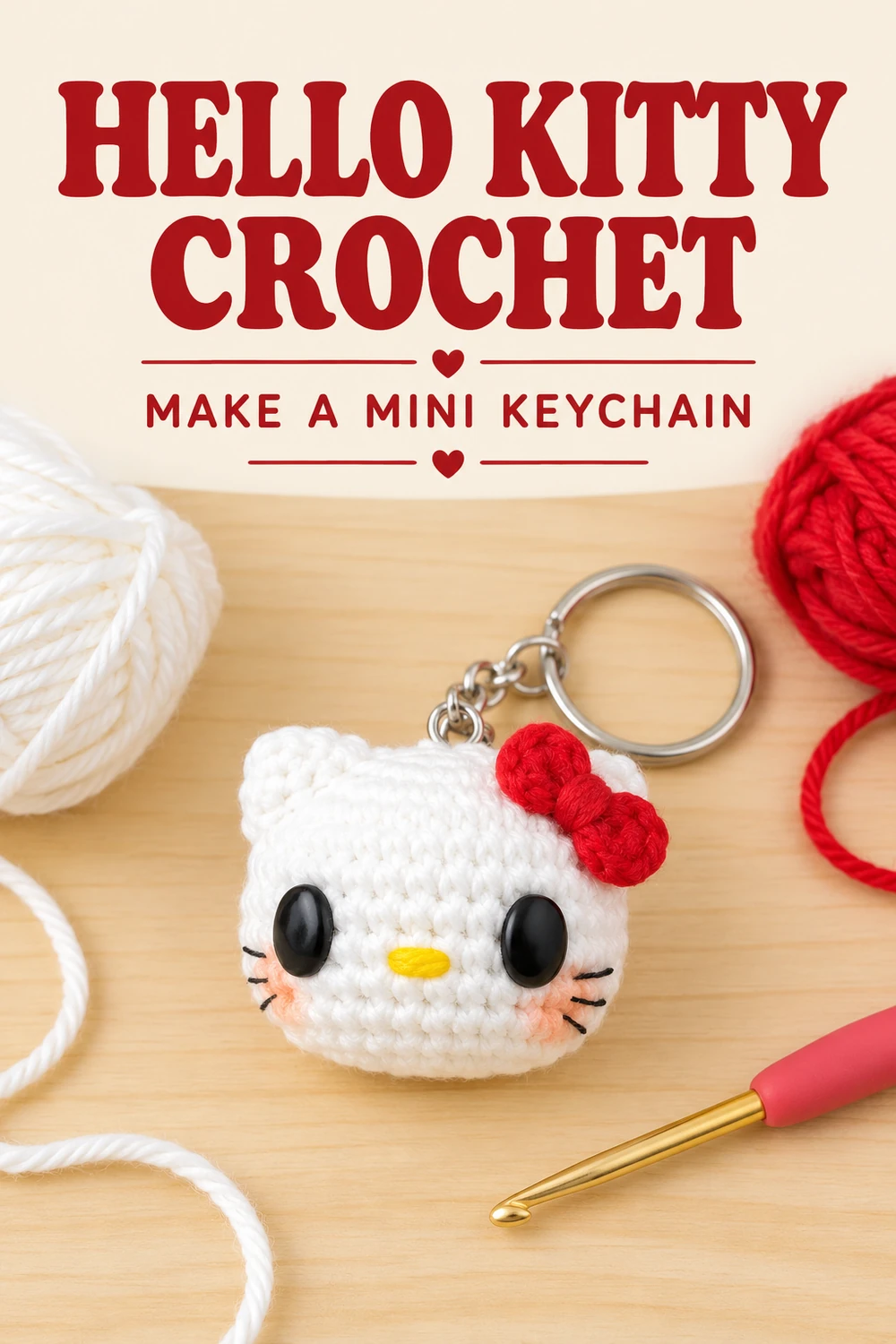 Hello Kitty crochet keychain with white and red yarn supplies