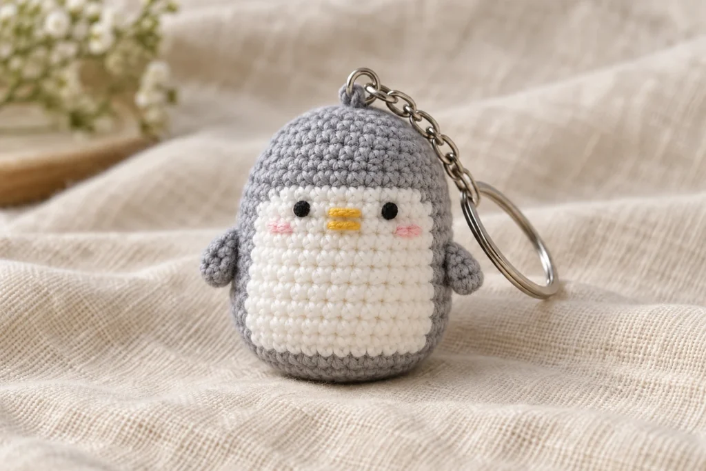 Mini penguin amigurumi keychain in gray cotton with white belly and top keyring