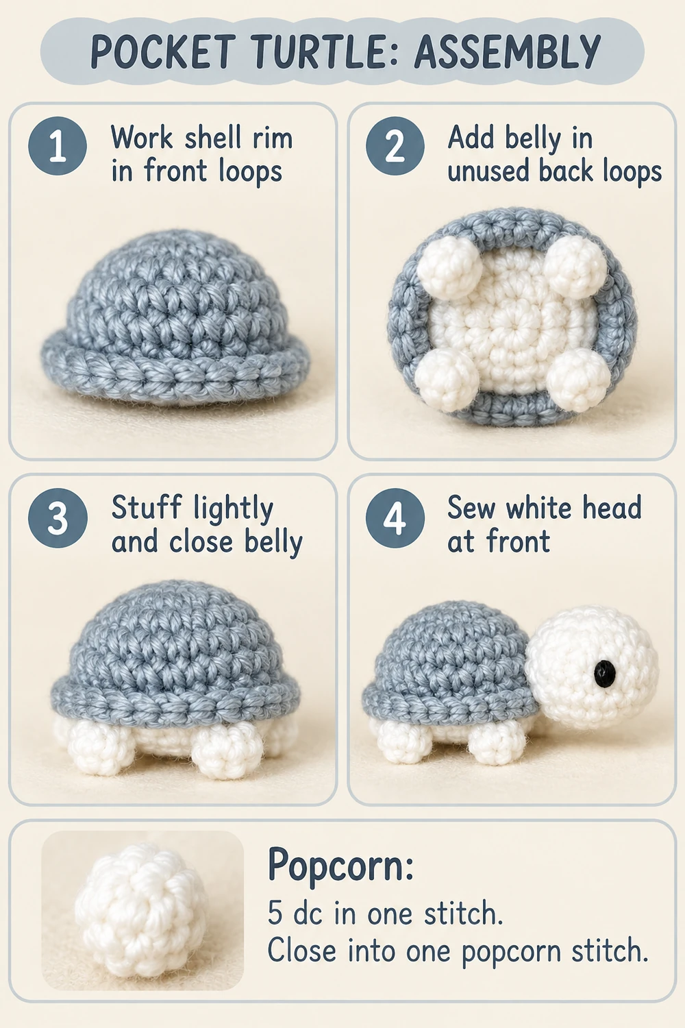 Mini turtle pocket amigurumi crochet pattern assembly diagram with four popcorn feet