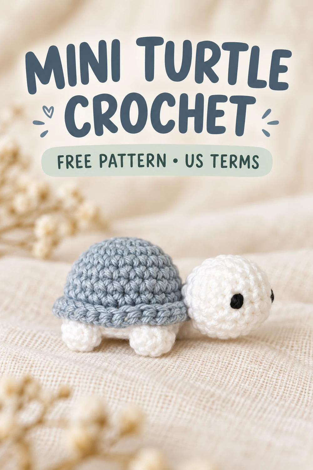 Mini turtle pocket amigurumi crochet pattern Pinterest pin with a gray-blue shell