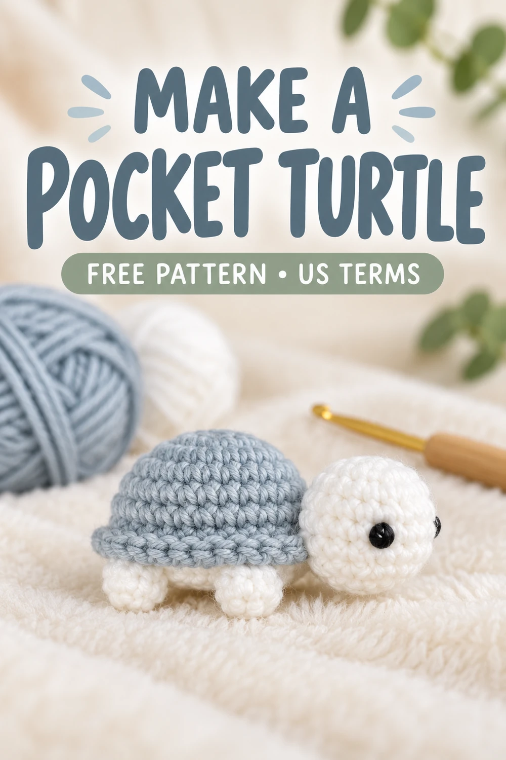 Mini turtle pocket amigurumi crochet pattern with yarn and a crochet hook