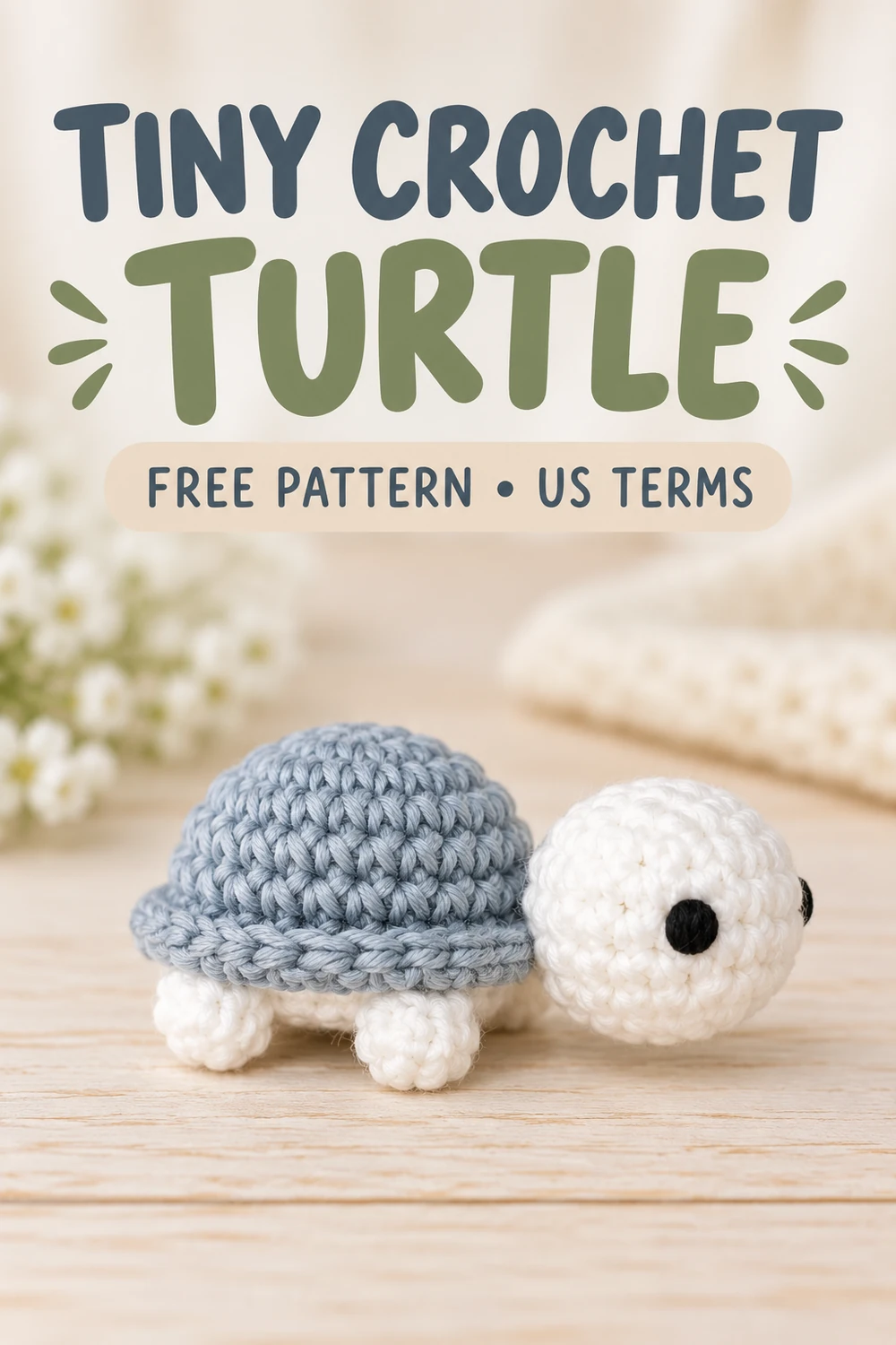 Mini turtle pocket amigurumi crochet pattern close-up with embroidered eyes