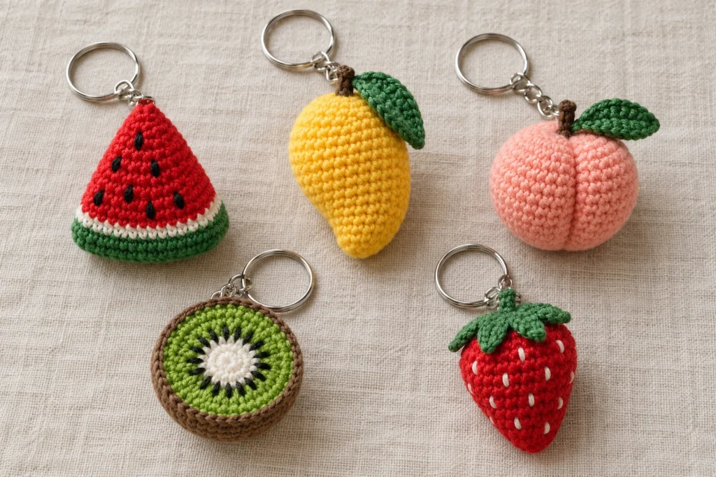 Summer fruit crochet keychains with watermelon, mango, peach, kiwi and strawberry