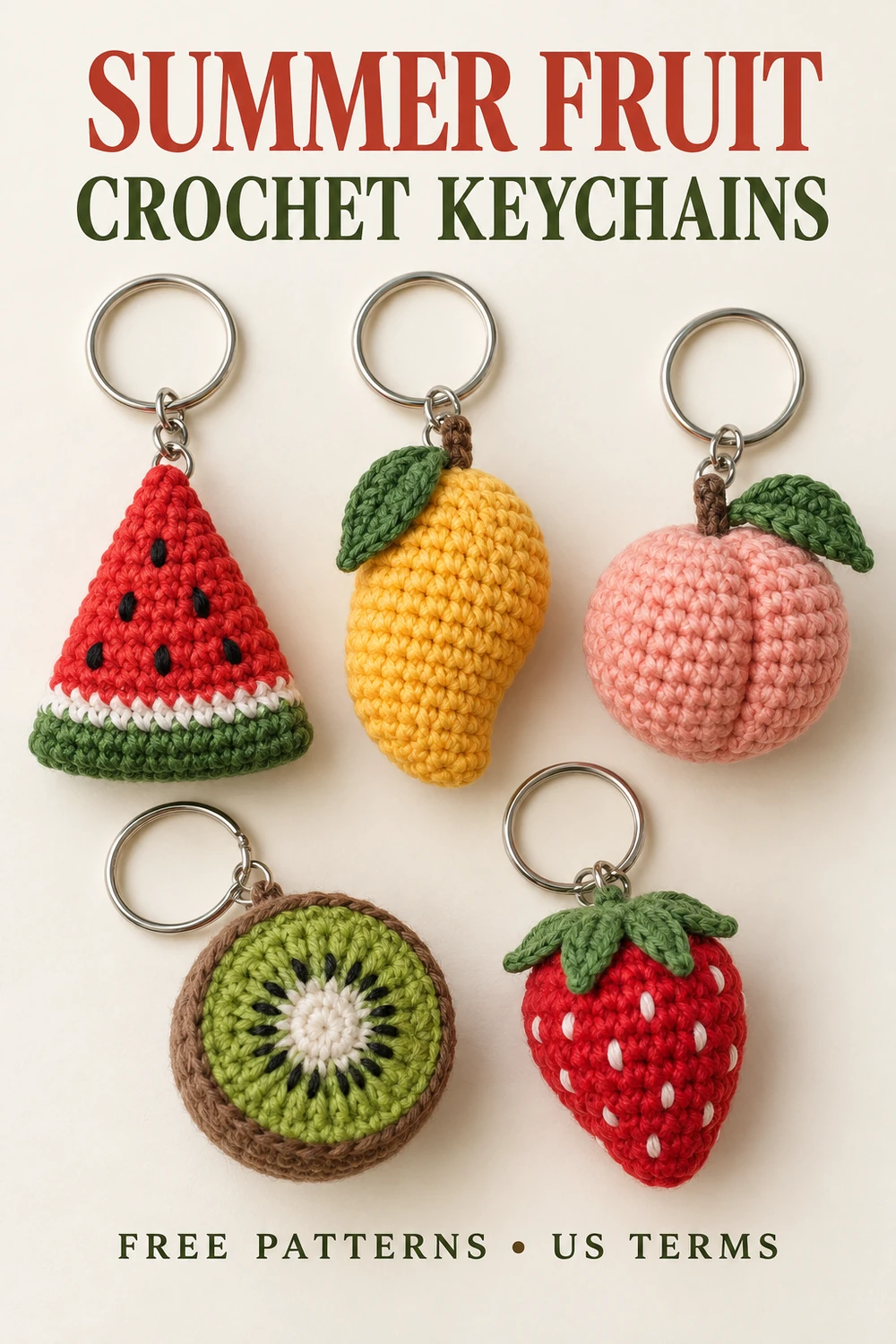 Summer fruit crochet keychains with watermelon, mango, peach, kiwi and strawberry Pinterest design 1
