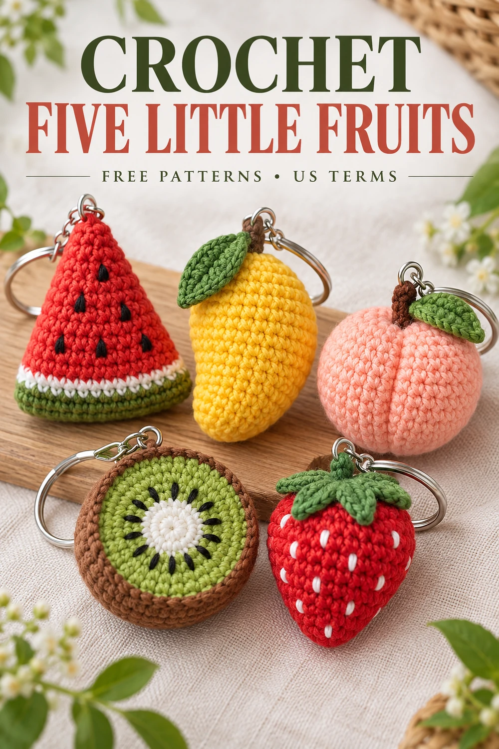 Summer fruit crochet keychains with watermelon, mango, peach, kiwi and strawberry Pinterest design 2