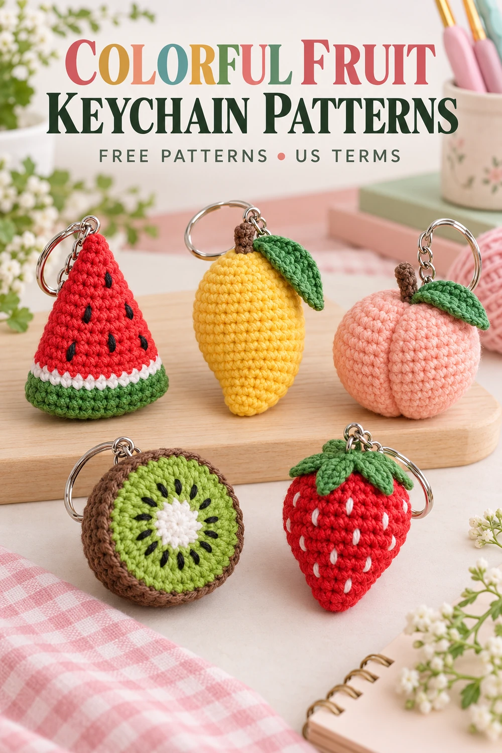 Summer fruit crochet keychains with watermelon, mango, peach, kiwi and strawberry Pinterest design 3