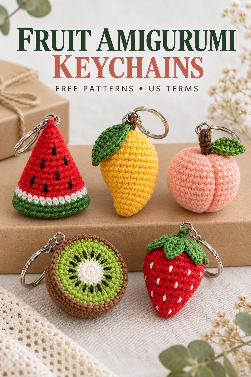Summer fruit crochet keychains with watermelon, mango, peach, kiwi and strawberry Pinterest design 4