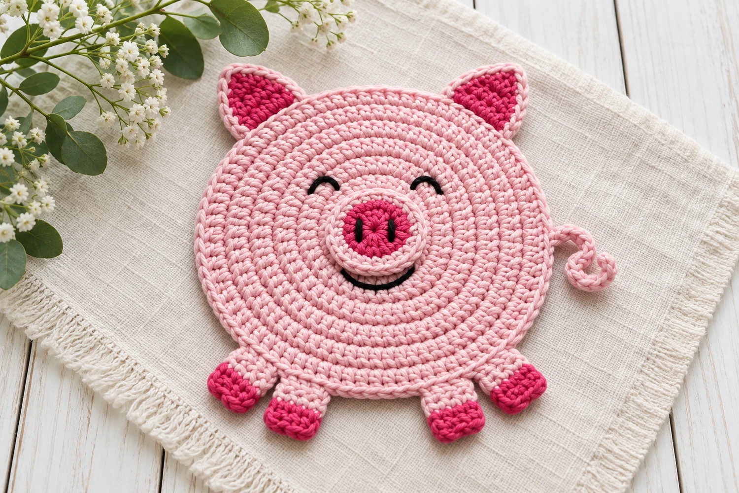 Crochet pig coaster pattern with a pink circular base, two-tone snout and embroidered eyes