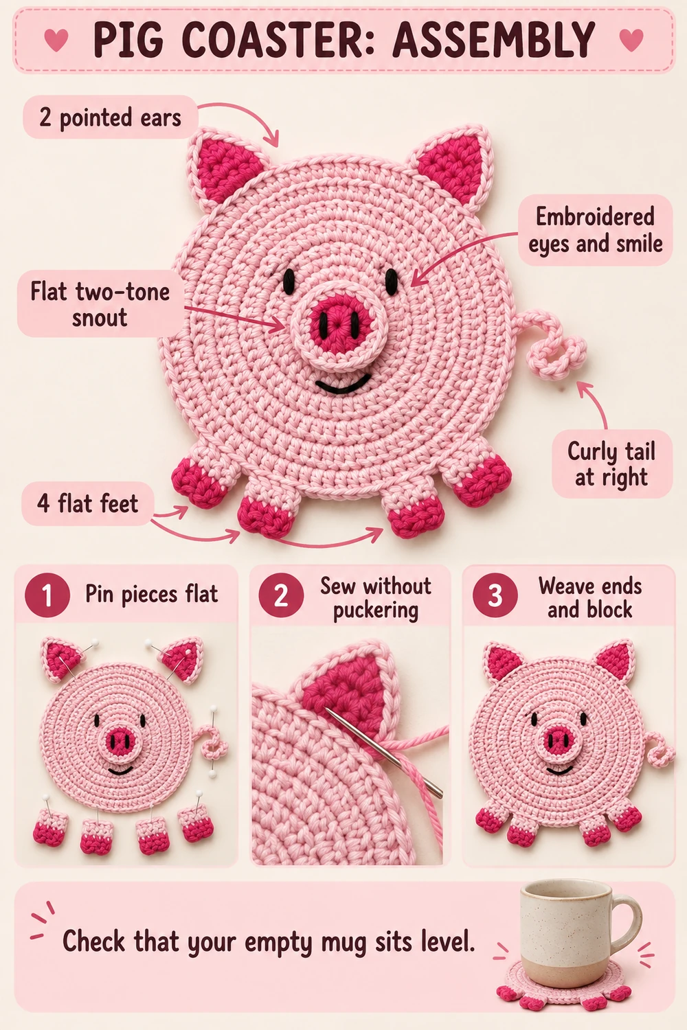 Crochet pig coaster pattern assembly diagram with embroidered eyes and flat pieces