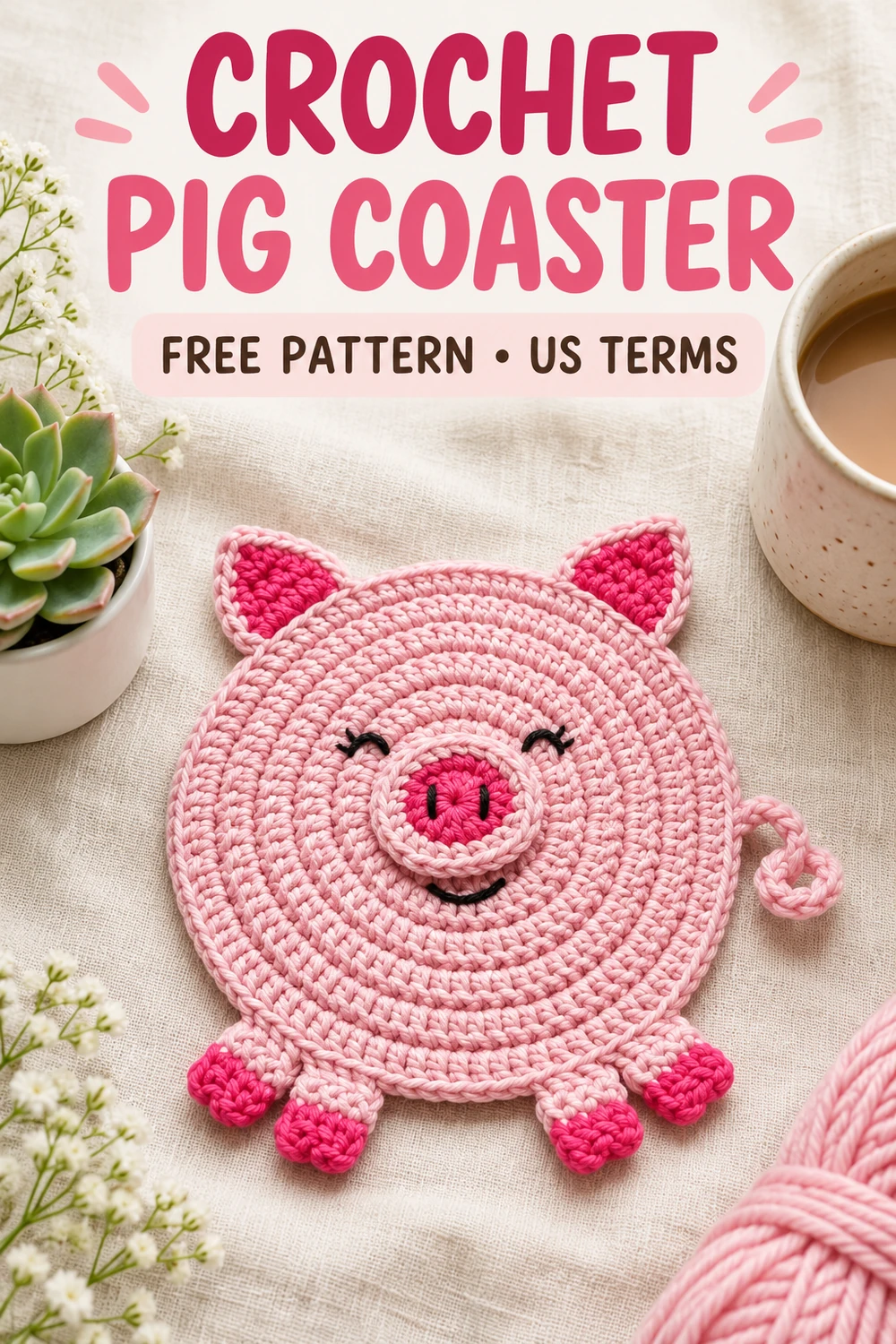 Crochet pig coaster pattern Pinterest pin with a pink pig mug rug