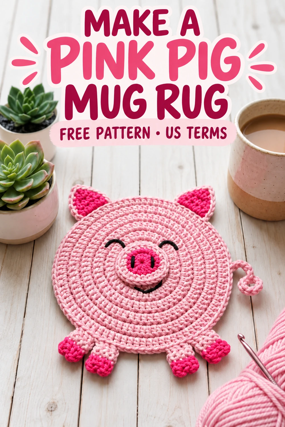 Crochet pig coaster pattern for a pink pig mug rug in US terms