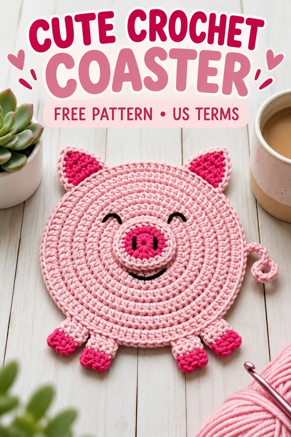 Crochet pig coaster pattern close-up with pointed ears and a curly tail