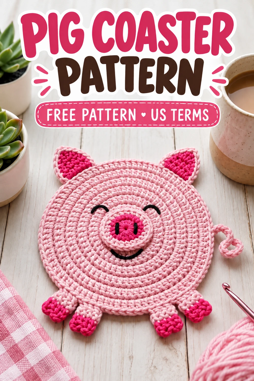 Crochet pig coaster pattern inspiration with four flat feet