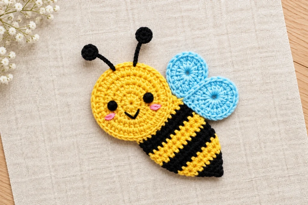Flat bee appliqué crochet pattern with a yellow face, black stripes, blue wings and embroidered eyes