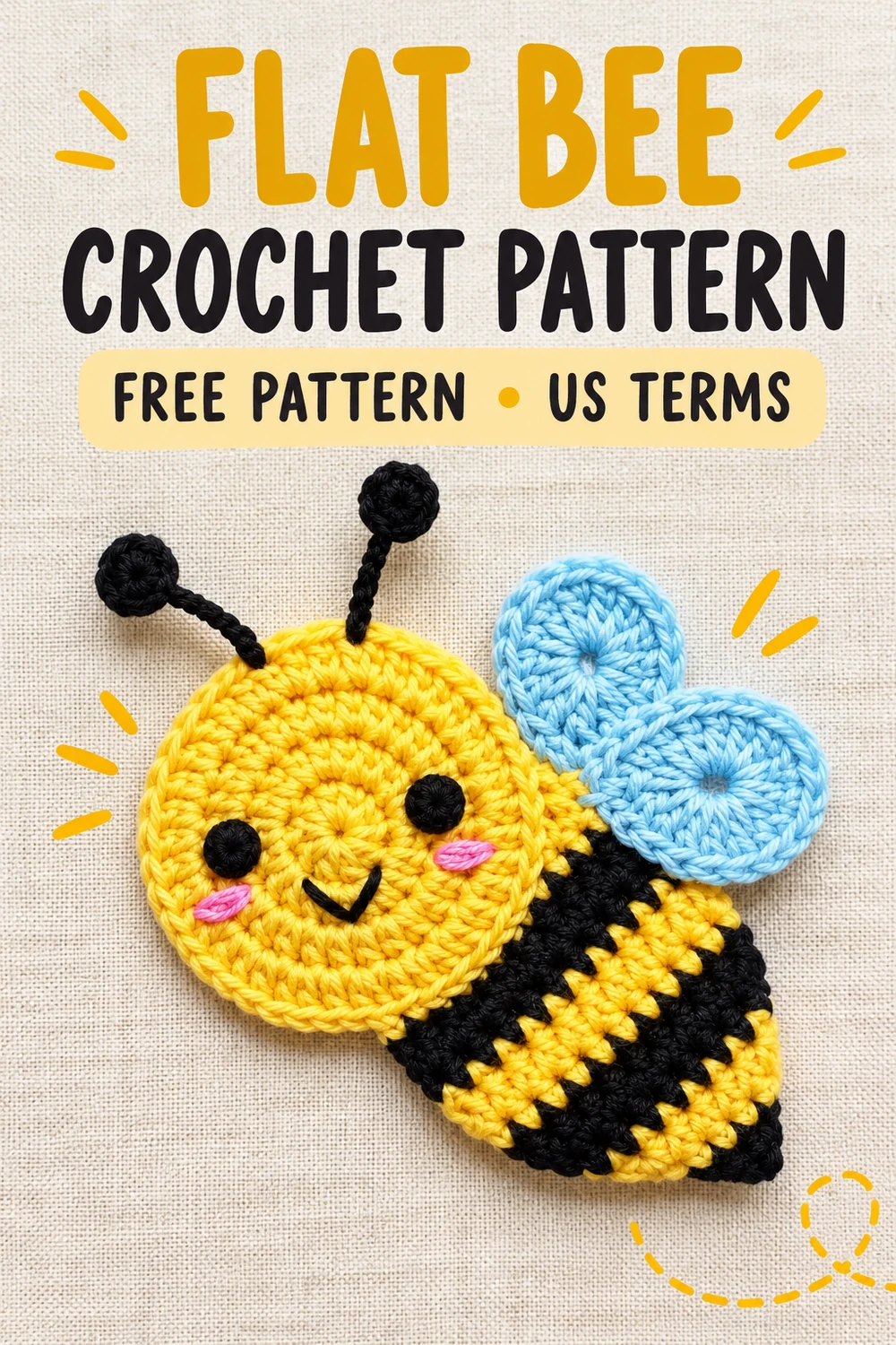 Flat bee appliqué crochet pattern Pinterest pin with blue wings and pink cheeks