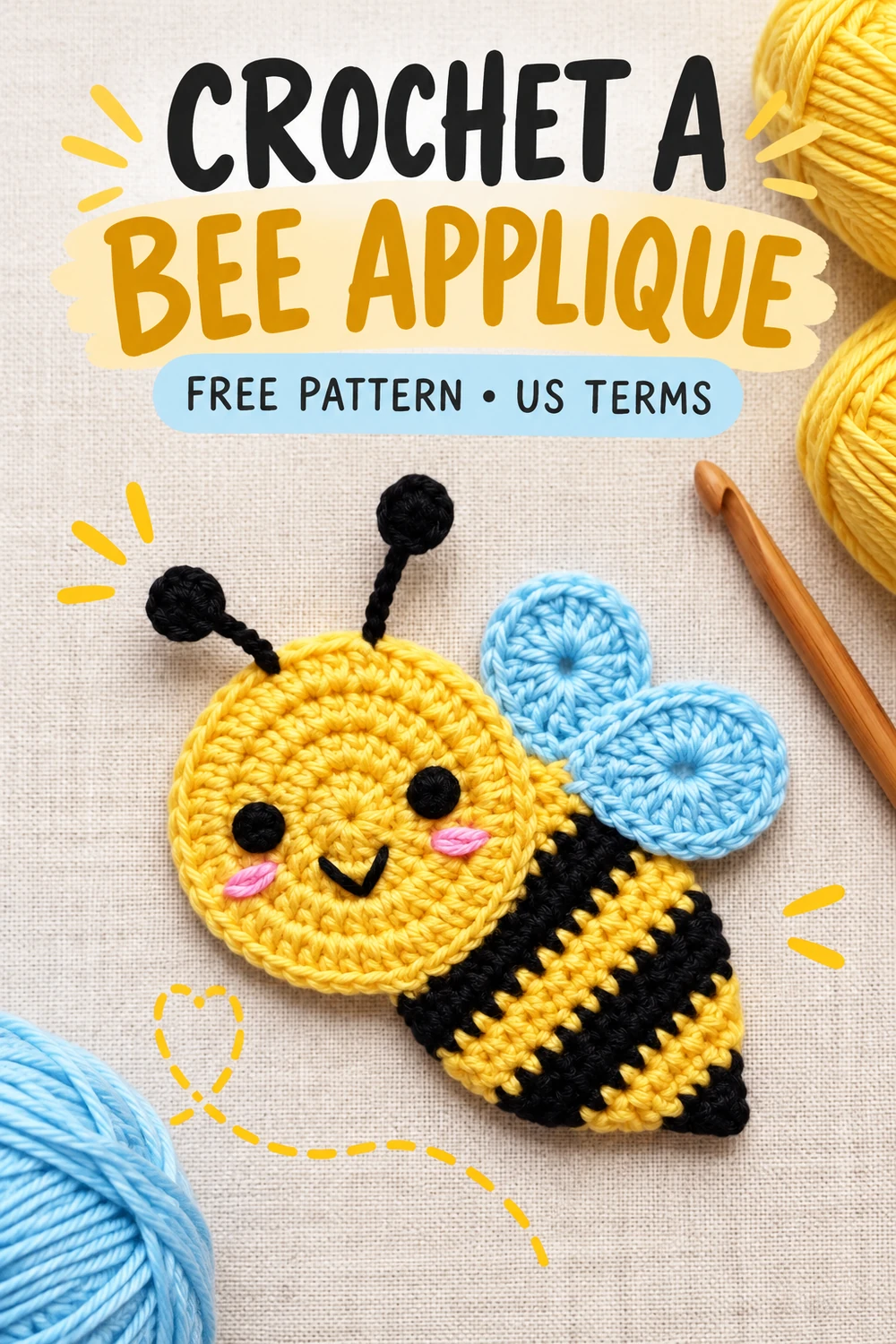 Flat bee appliqué crochet pattern with yarn and a crochet hook