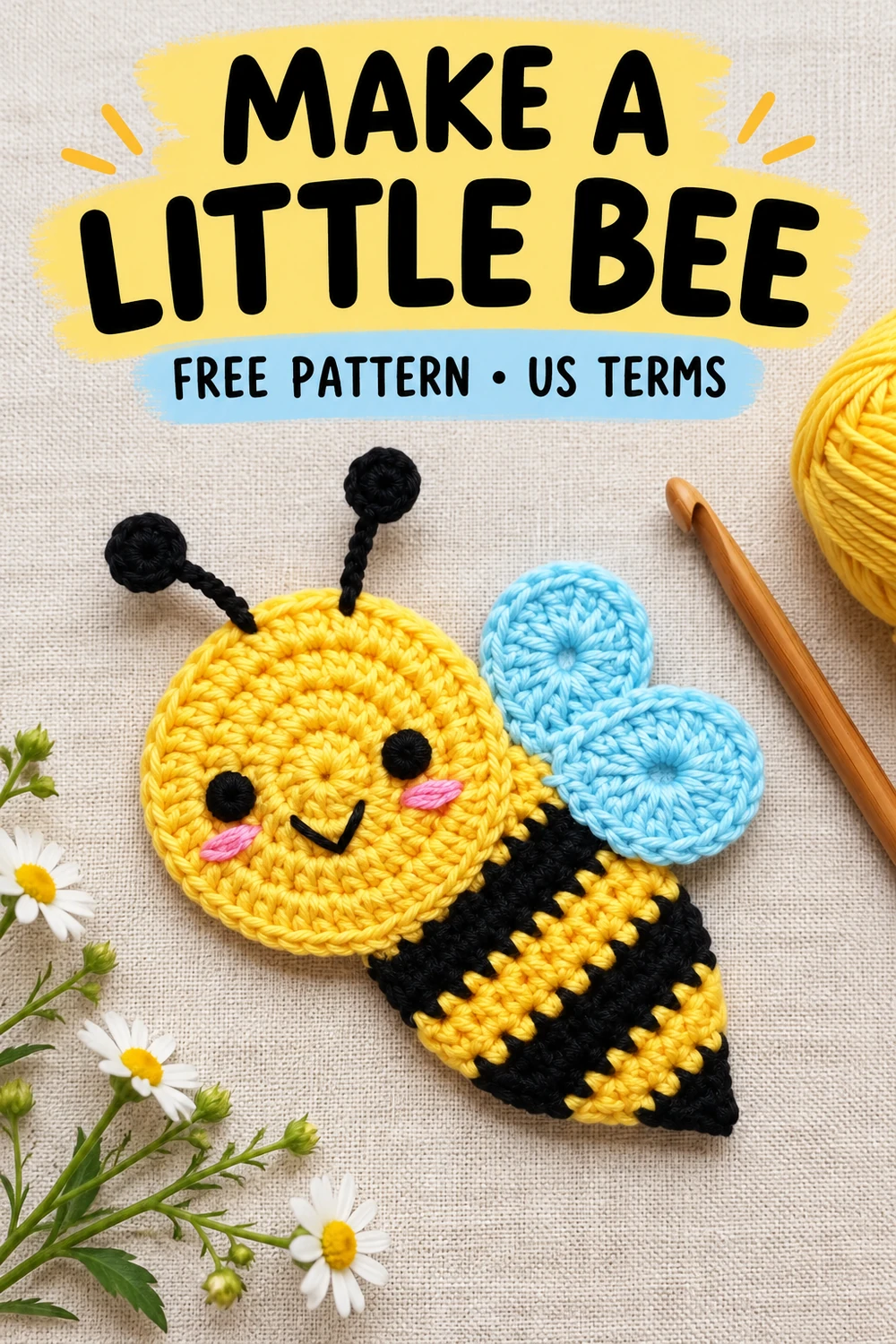Flat bee appliqué crochet pattern with a striped tapered body