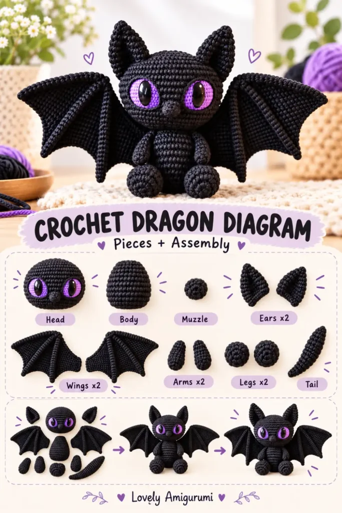 Black Dragon Amigurumi Crochet Pattern with large wings and purple eyes